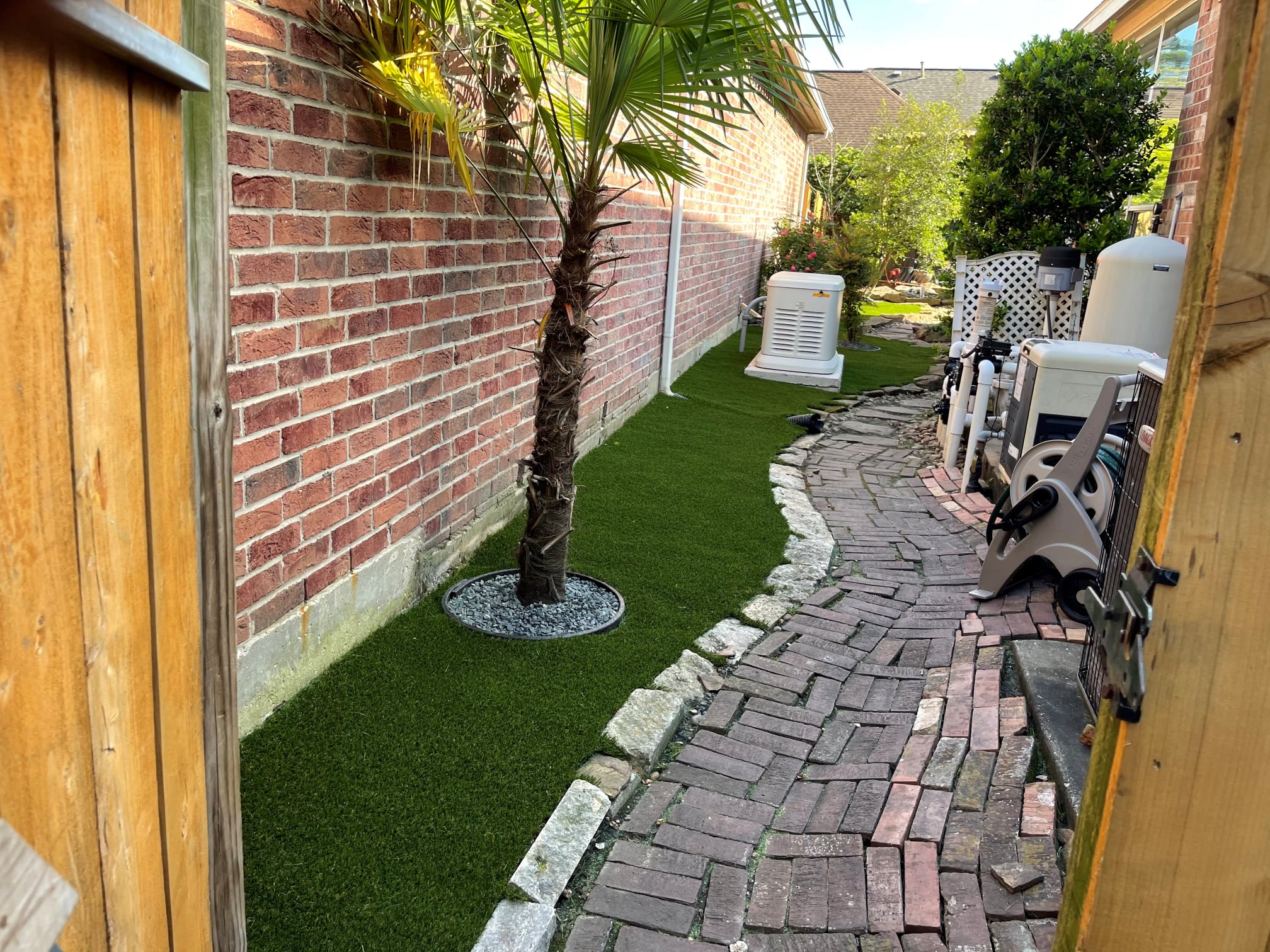 A Charming Brick Path Leads To A Tall Palm Tree